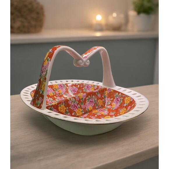 Jay & Sons Ceramic Basket Divided  w/ Handle Red White Floral Gold Rim - Picture 1 of 15